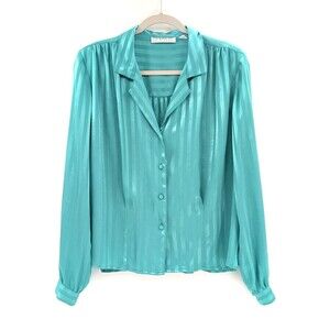 CHAUS Vintage Green Satin Striped Long Sleeve Button Front Blouse Size 2X